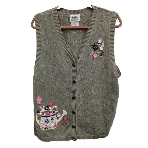 VTG 90s Northern Reflections Womens Sweater Vest Large Green Embroidered Cottage - Picture 1 of 7
